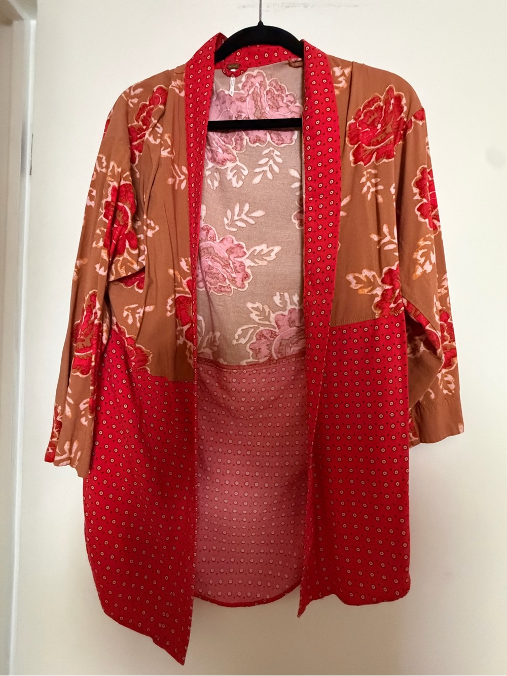 Free People Open Kimono Red Floral Print
